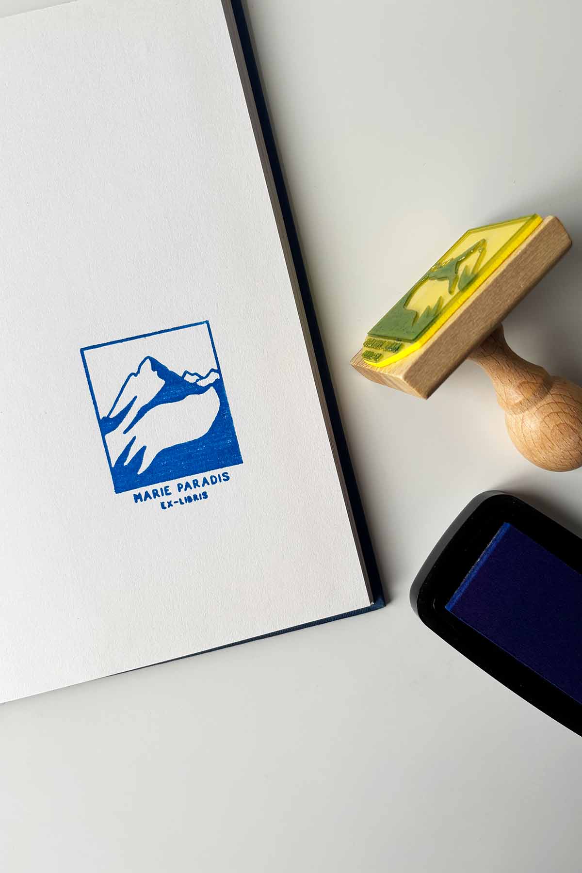 Portadilla de libro estampada con una montaña nevada y sello
