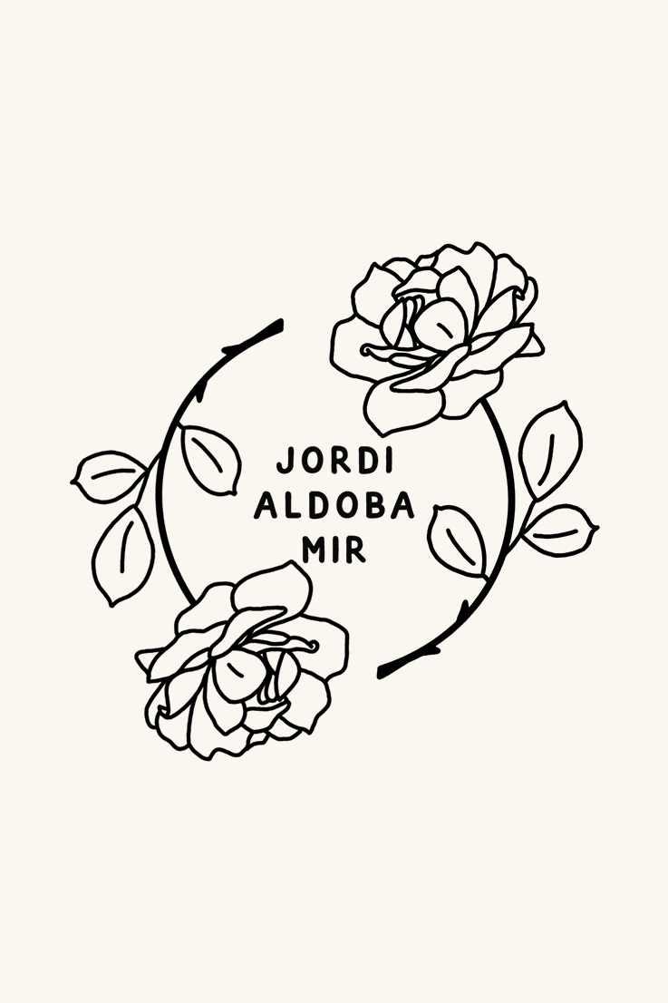 Dos Ex-libris Corona de rosas estilizadas dentro de bordes circulares entrelazados con la inscripción "jordi aldoba mir" en el centro, presentadas en un estilo artístico lineal limpio y monocromático por Les Tampons de Roser.