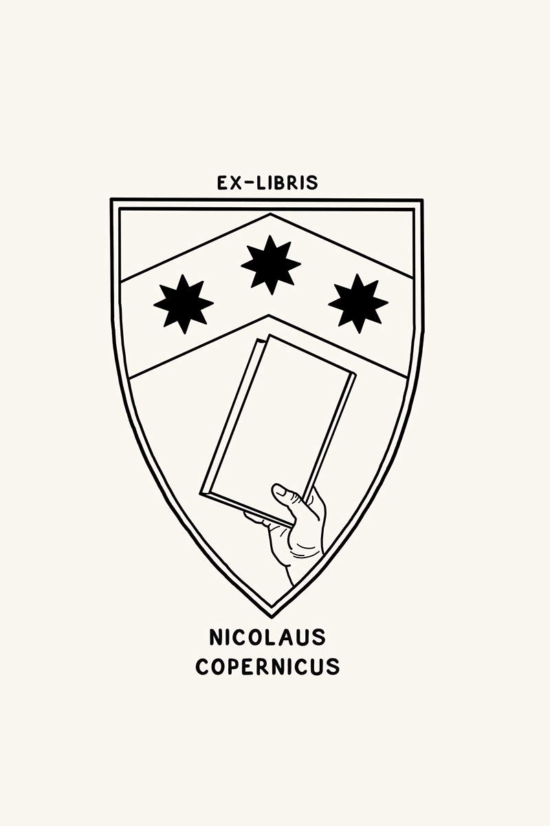 Dibujo de un escudo heráldico con una mano que sostiene un libro y tres estrellas