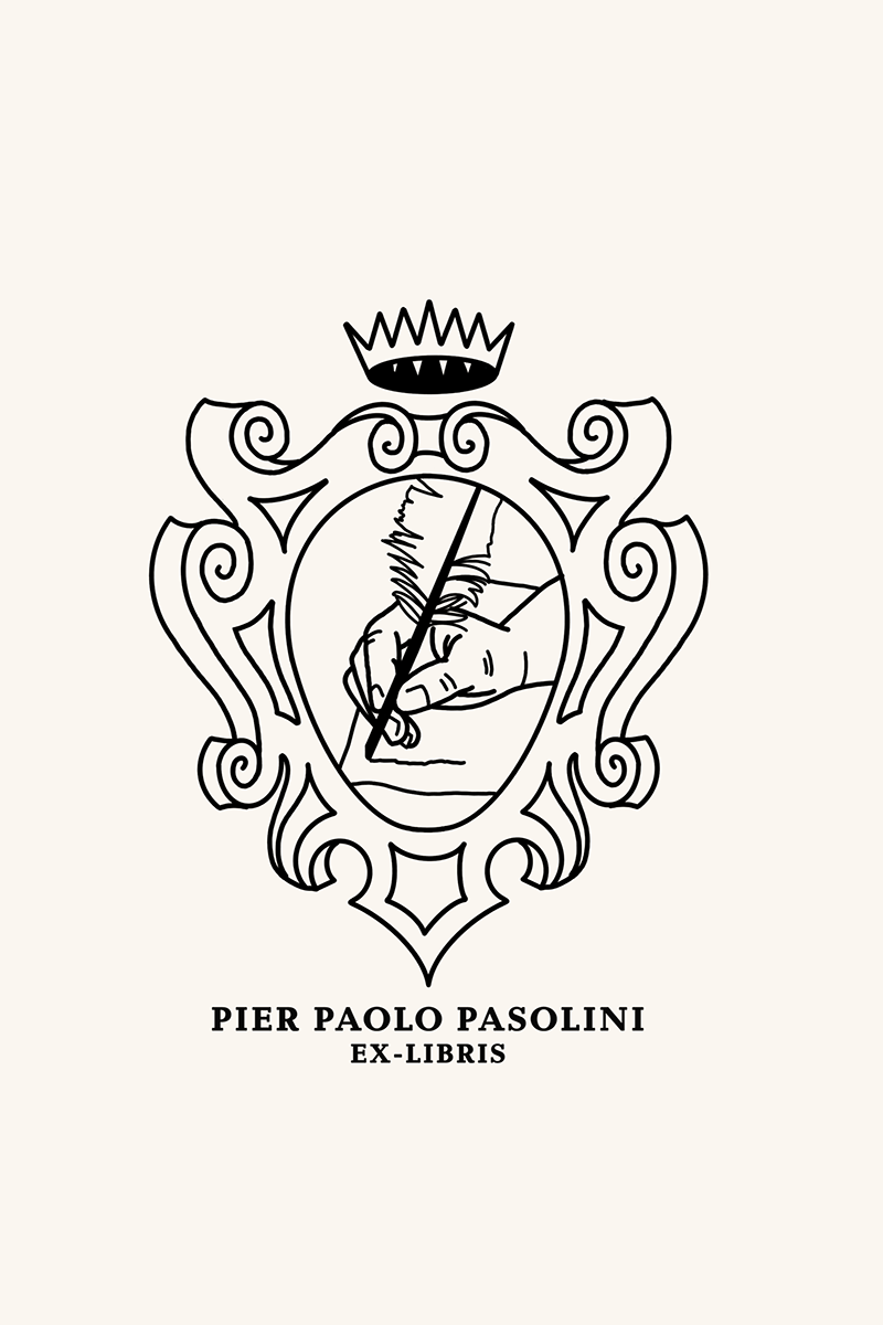 Dibujo de un escudo heráldico con una corona, dentro del escudo se ve una mano escribiendo con una pluma