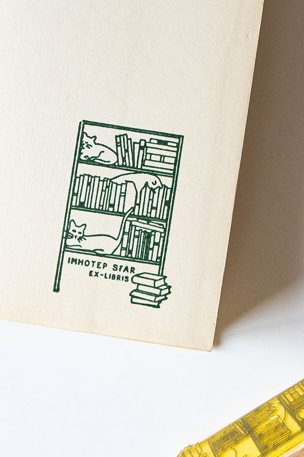 Portadilla de libro estampada con una estantaría llena de libros y tres gatos