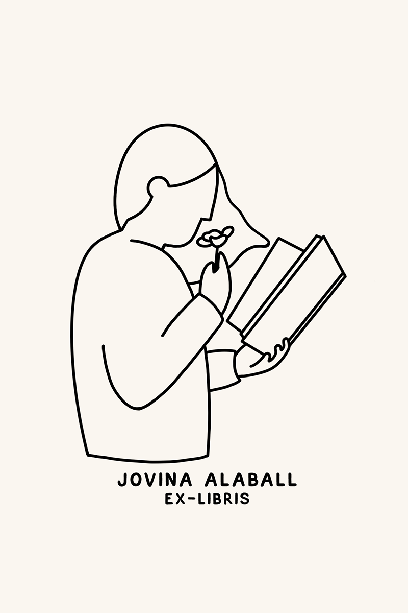 Dibujo de una lectora leyendo y oliendo una rosa