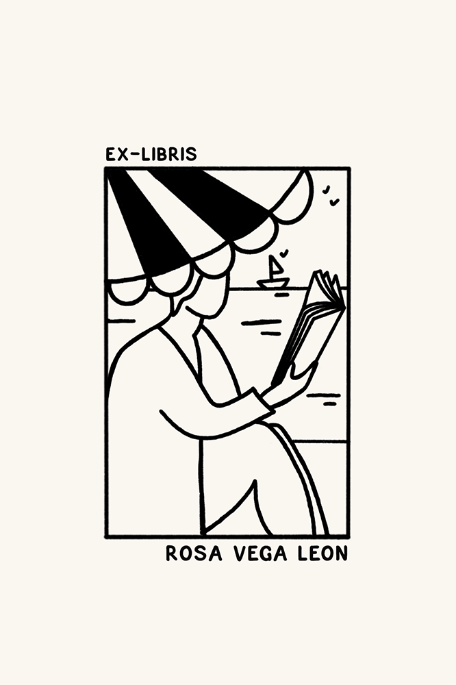 Dibujo de una persona leyendo en una playa bajo la sombrilla