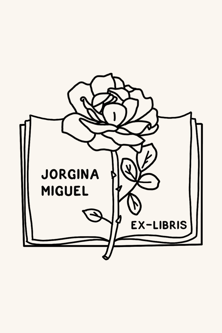 Un dibujo lineal de un Ex-libris Libro abierto con rosa encima de un libro abierto con la etiqueta "Les Tampons de Roser" y "ex-libris personalizado", lo que sugiere un diseño de ex libris personalizado.