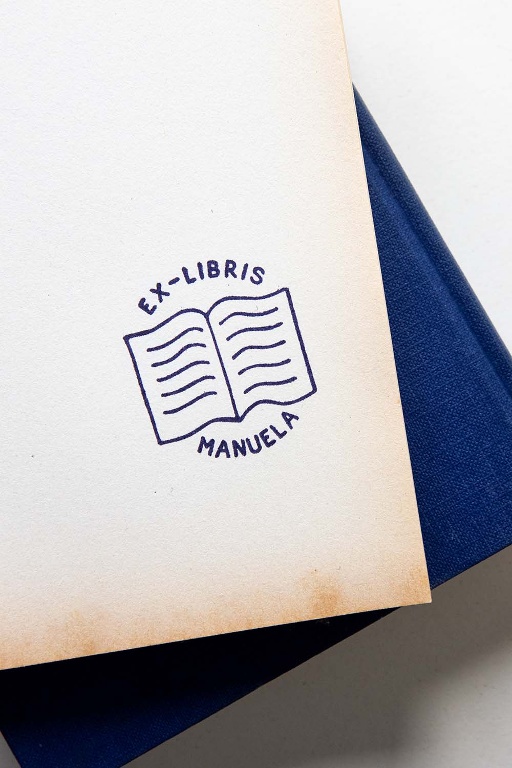 Portadilla de libro estampada con un libro abierto