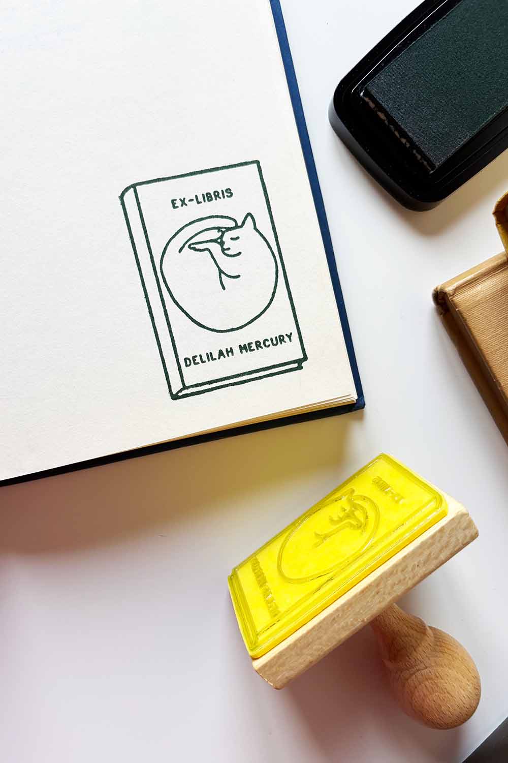 Portadilla de libro estampada con un libro con en la portada un gato y sello