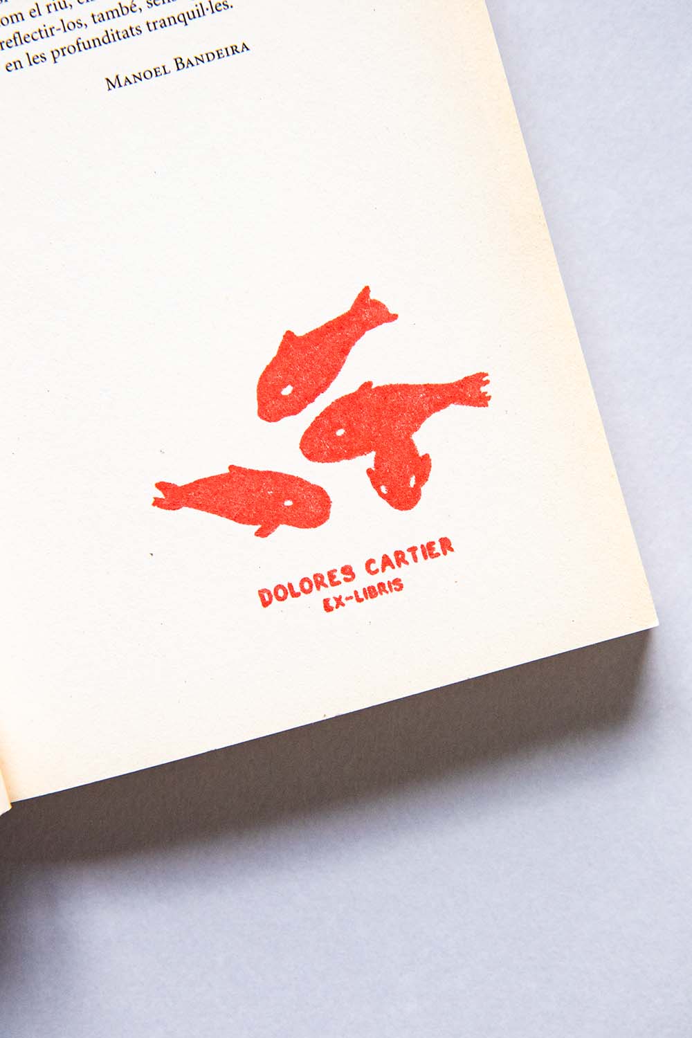 Portadilla de libro estampada con peces rojos nadando en diferentes direcciones