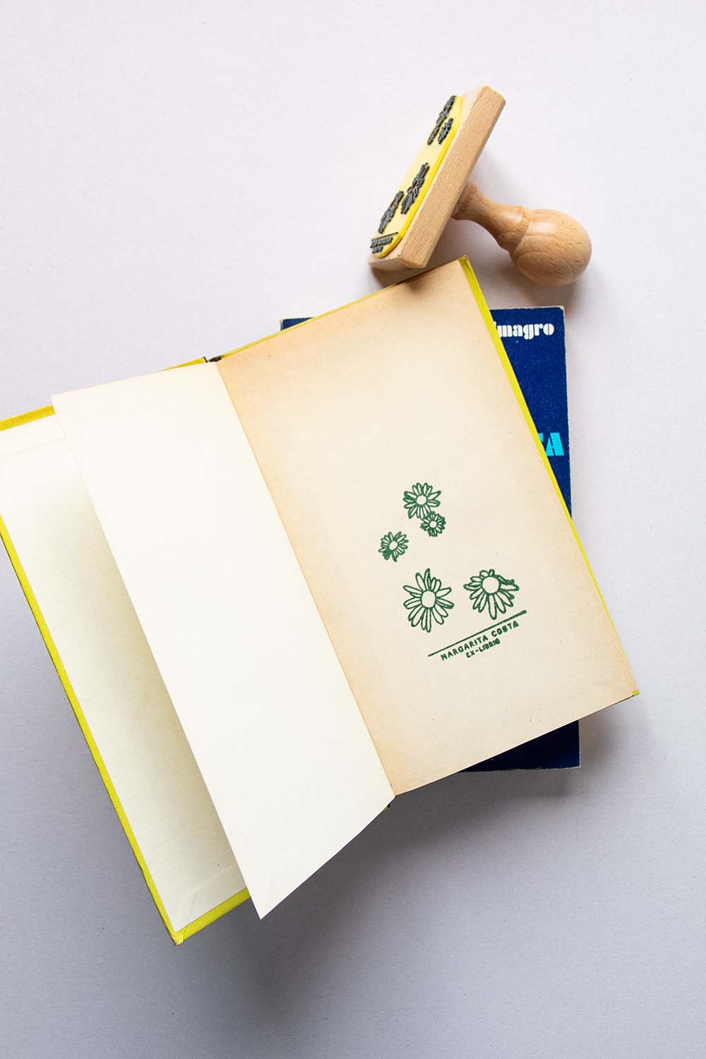 Portadilla de libro estampada con sello exlibris de flores margaritas y sello
