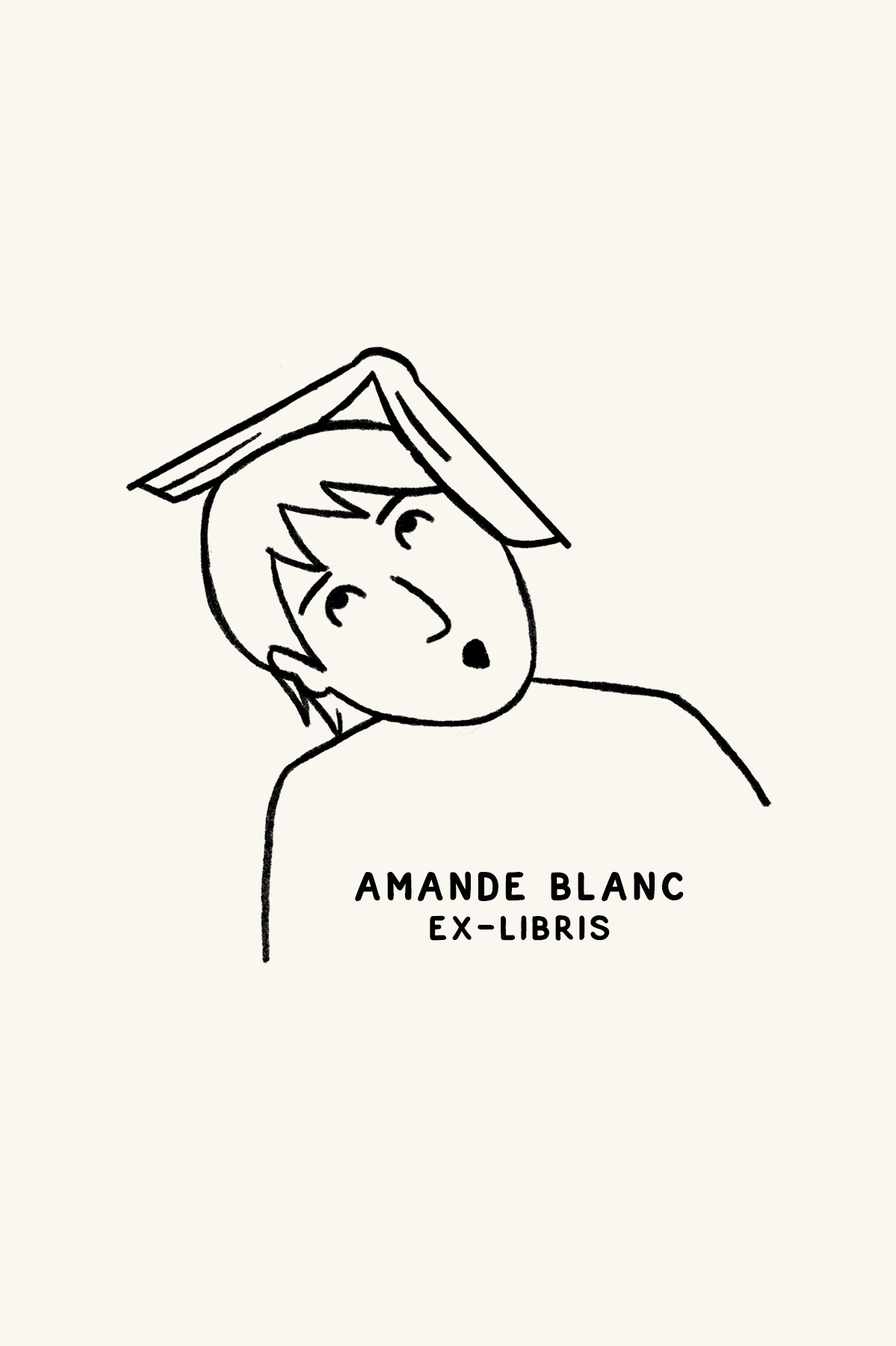 Dibujo de una lectora sorprendida con un libro abierto en la cabeza