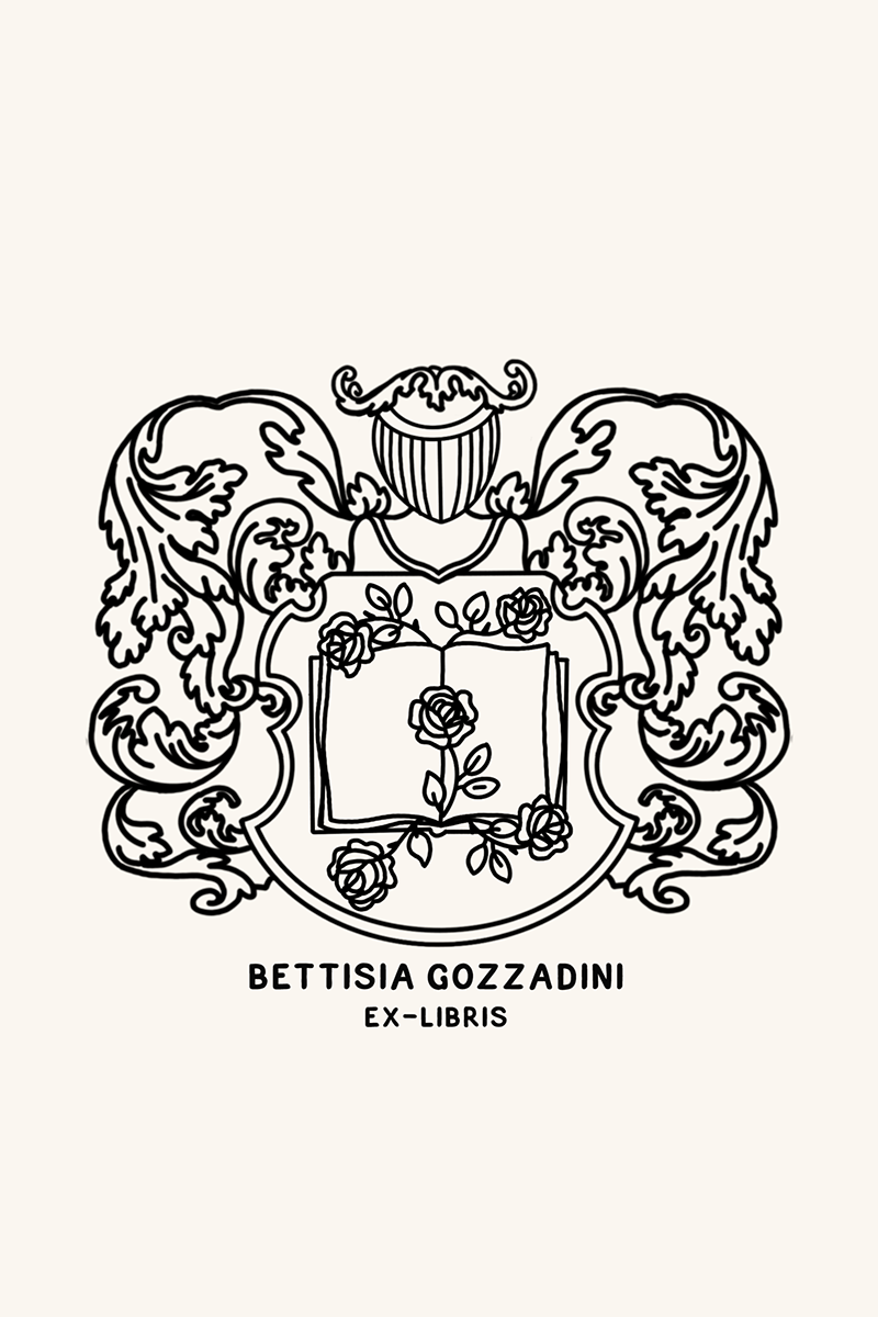 Dibujo de un escudo heráldico con yelmo en el interior hay un libro del que salen rosas