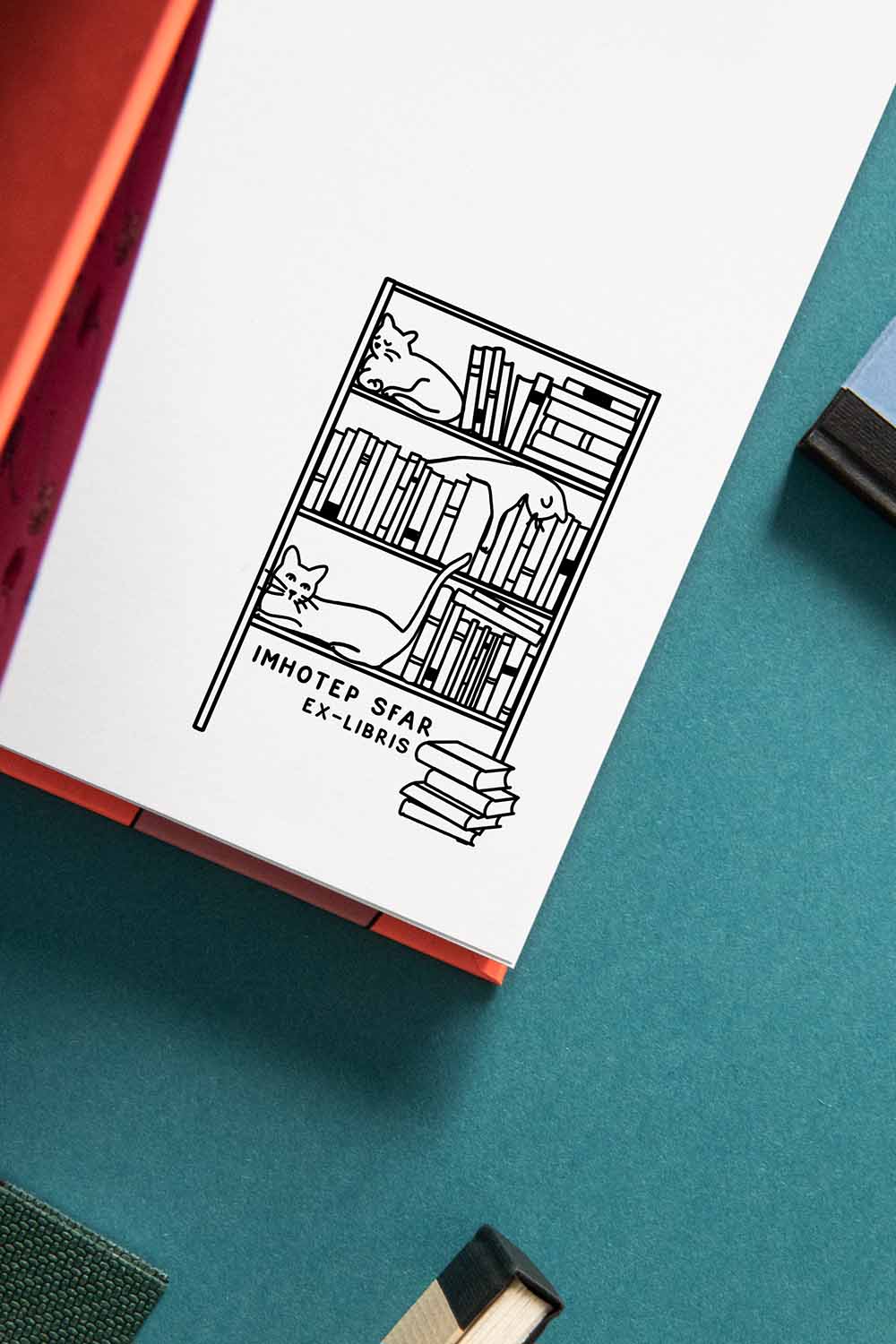 Portadilla de libro estampada con una estantaría llena de libros y tres gatos