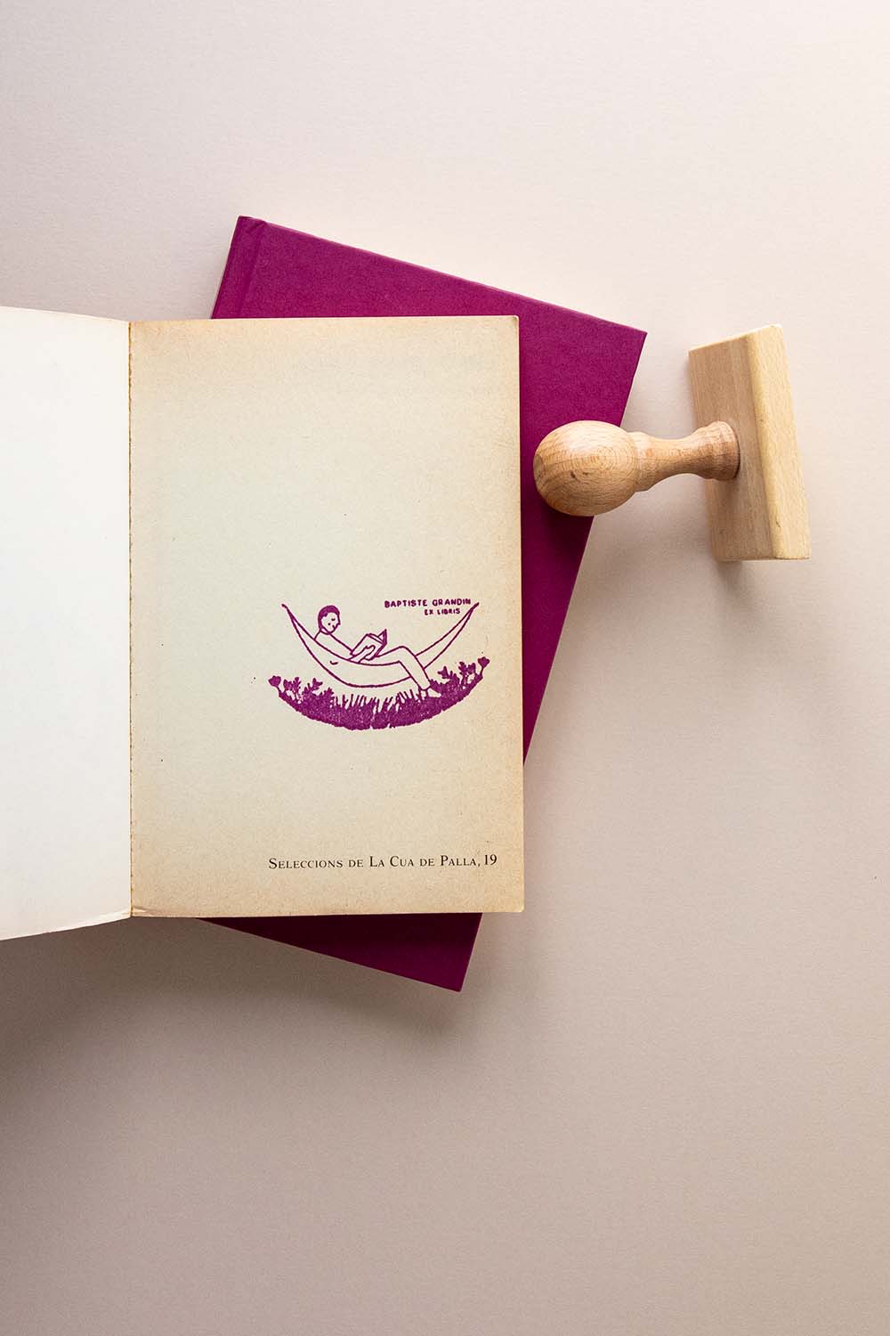 Portadilla de libro estampado con un hombre leyendo encima de una hamaca y sello