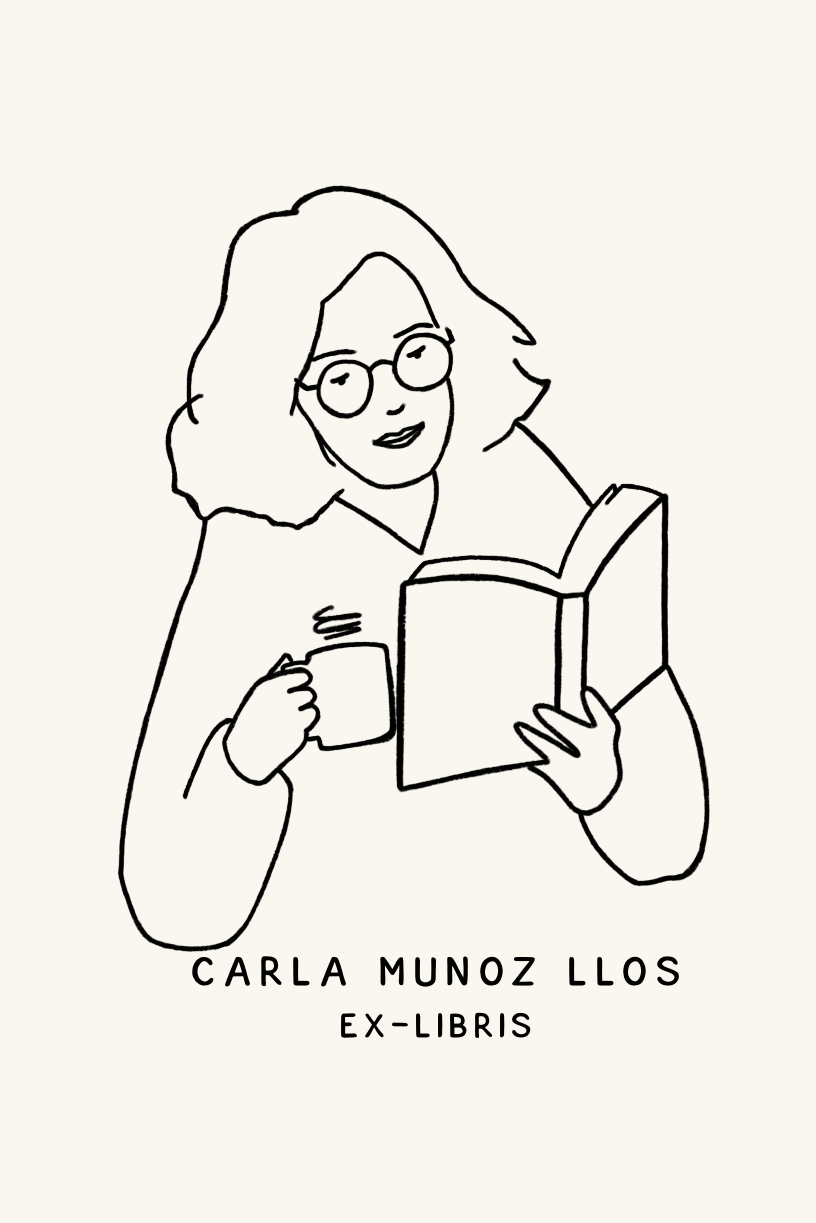 Dibujo de una mujer con gafas y pelo rizado, leyendo un libro y sosteniendo una taza