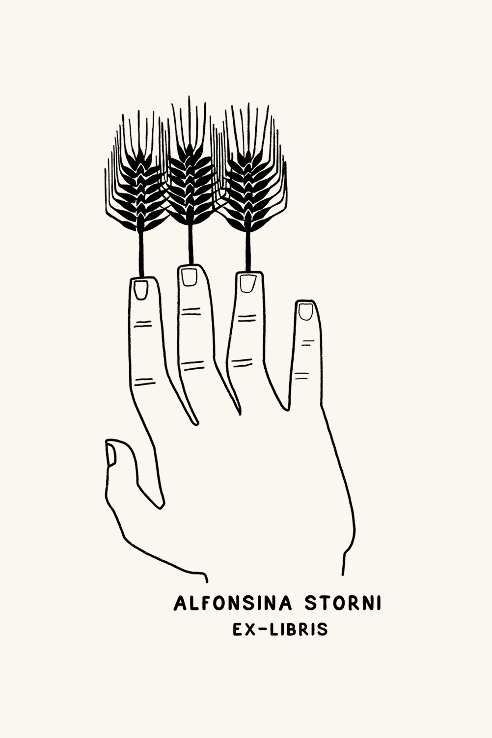 Ilustración en blanco y negro de una mano con tallos de trigo a modo de dedos, con la etiqueta "Les Tampons de Roser Ex-libris Dedos de trigo".