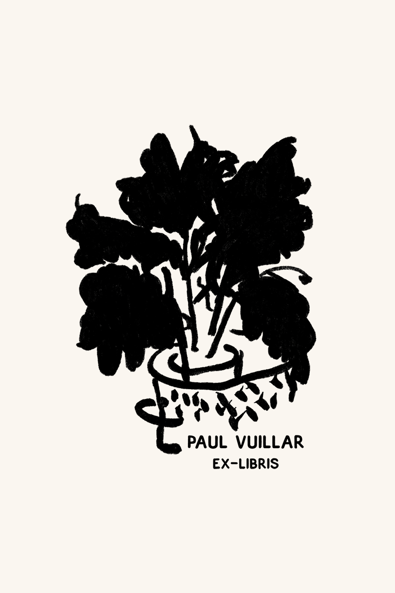 Una impresión artística en blanco y negro de una planta en maceta con hojas anchas, colocada encima del texto "Les Tampons de Roser Ex-libris Jarrón con flores personalizado". El estilo es atrevido y minimalista.
