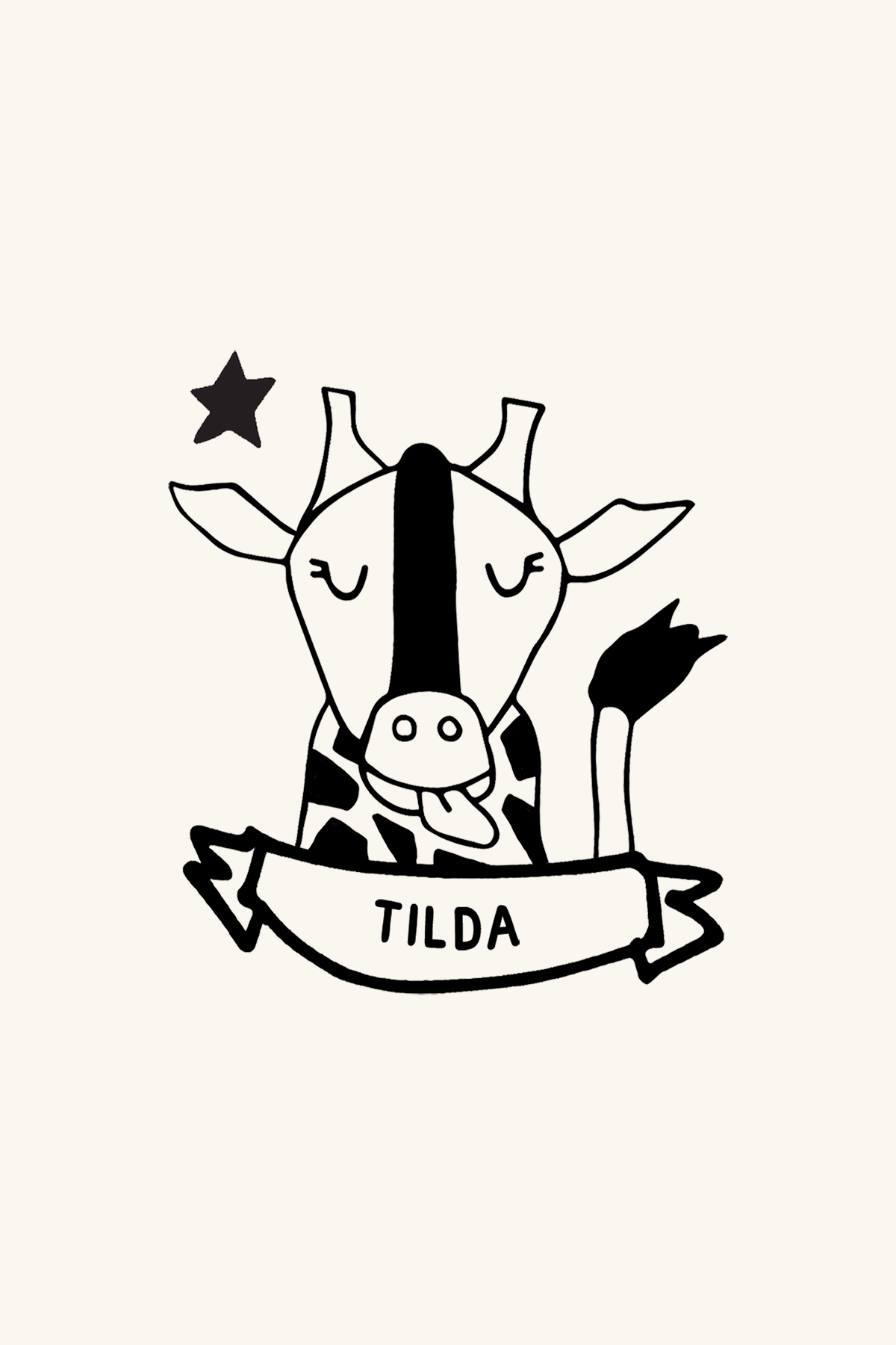 Ilustración de una vaca de dibujos animados con una cinta Ex-libris Jirafa con la etiqueta "tilda" debajo y una estrella sobre su cabeza. La vaca aparece feliz, con una gran sonrisa y los ojos cerrados. (Nombre de la marca: Les Tampones de Roser)
