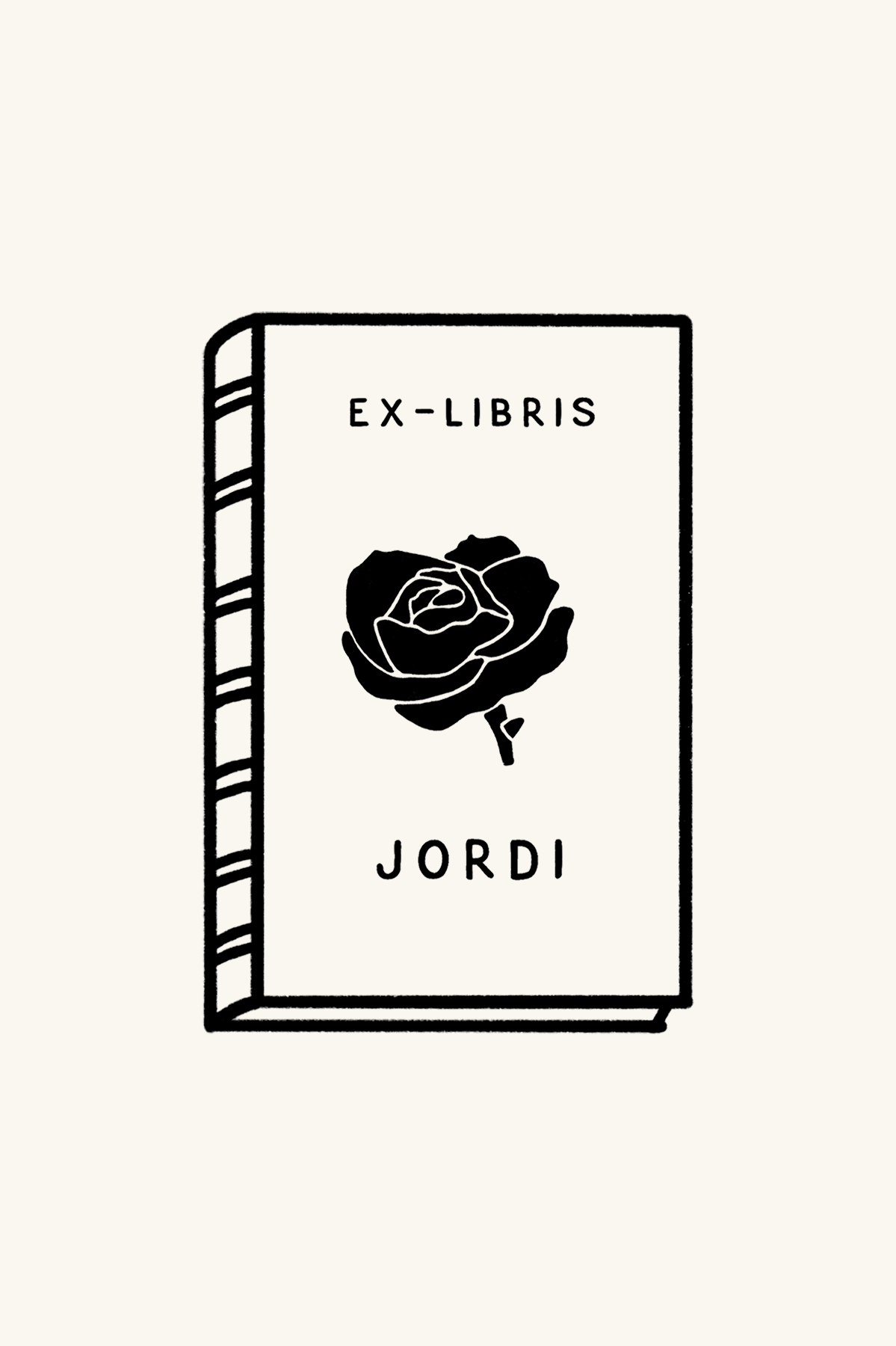 Ilustración de un libro con el título "Ex-libris Libro y rosa" y un diseño de rosa, rotulado "Sant Jordi" en la portada. El libro presenta una apariencia sencilla y elegante con la marca Les Tampons de Roser visible.