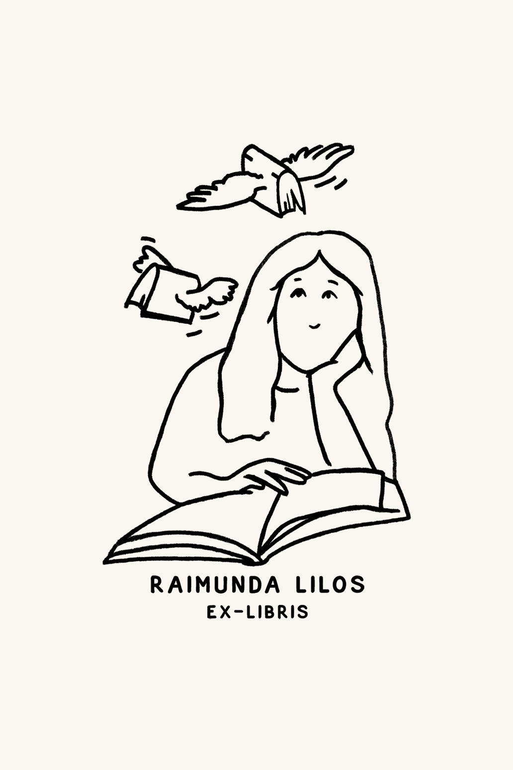 Dibujo de una mujer leyendo un libro, con dos libros volando sobre ella