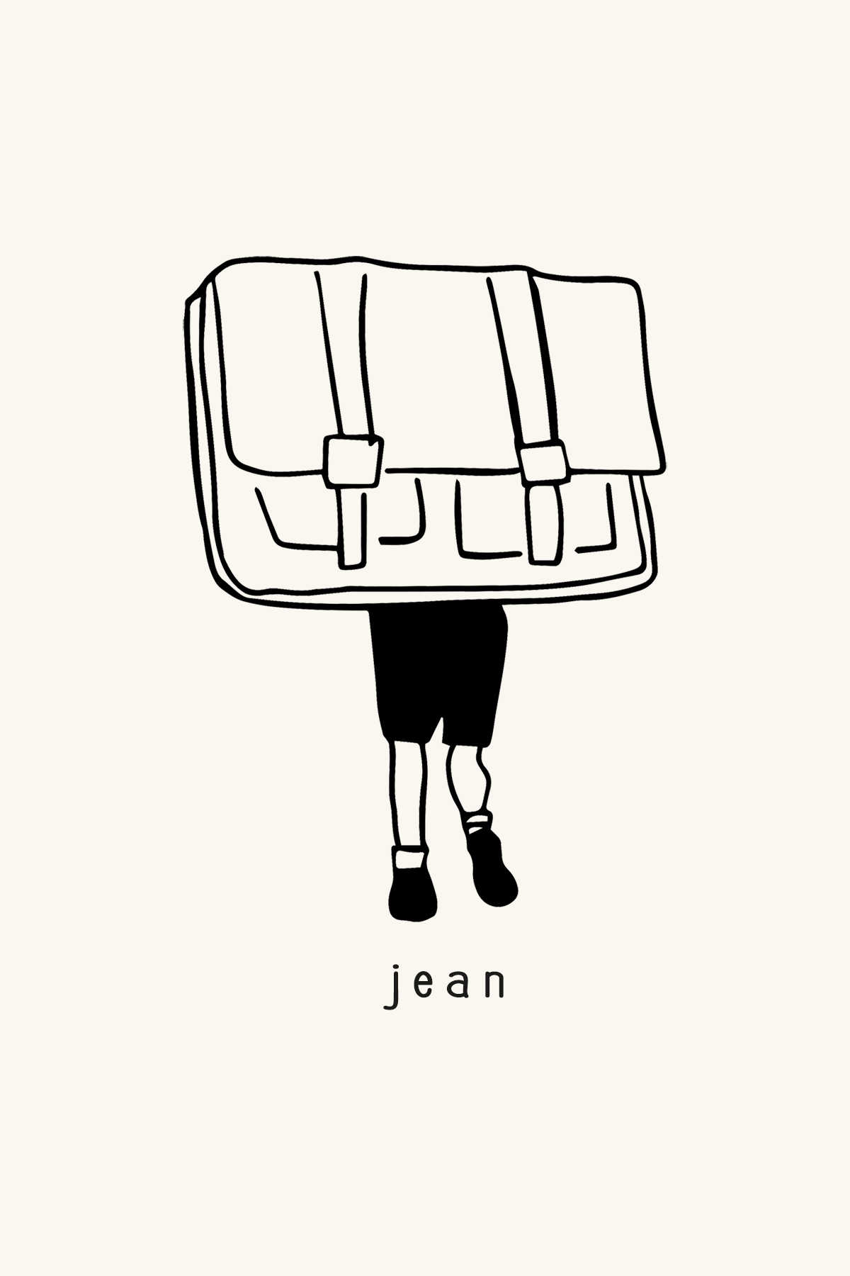 Dibujo de un niño que lleva una mochila tan grande que solo vemos sus piernas y pies