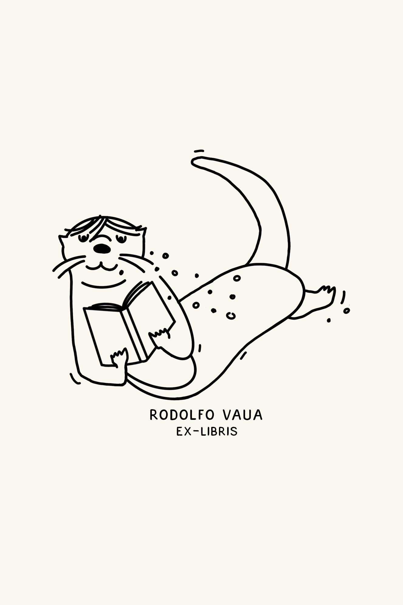 Dibujo lineal de una nutria antropomorfa con gafas, tumbada boca arriba y leyendo un libro con el texto "Ex-libris Nutria lectora" debajo de Les Tampons de Roser.